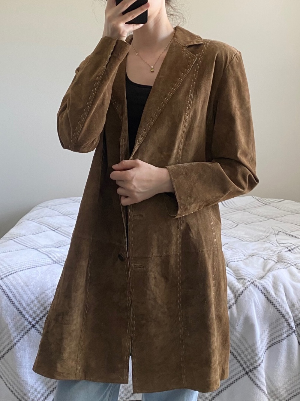 Chico’s Womens Brown Suede Leather Long Coat Jacket Size 2 Boho Y2K Western